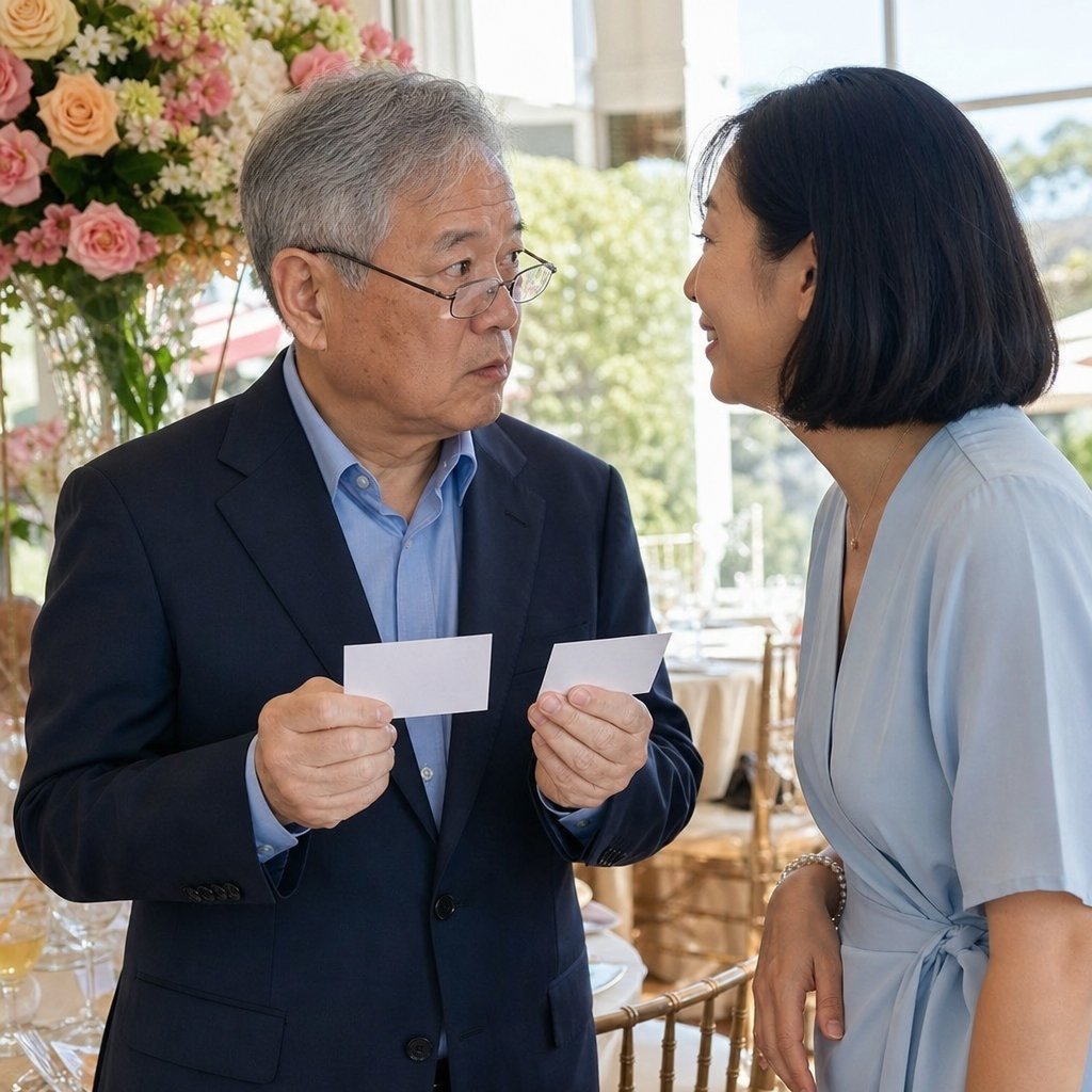 A calm woman with a sleek bob smiles at an older man gripping place cards, tension visible between them.