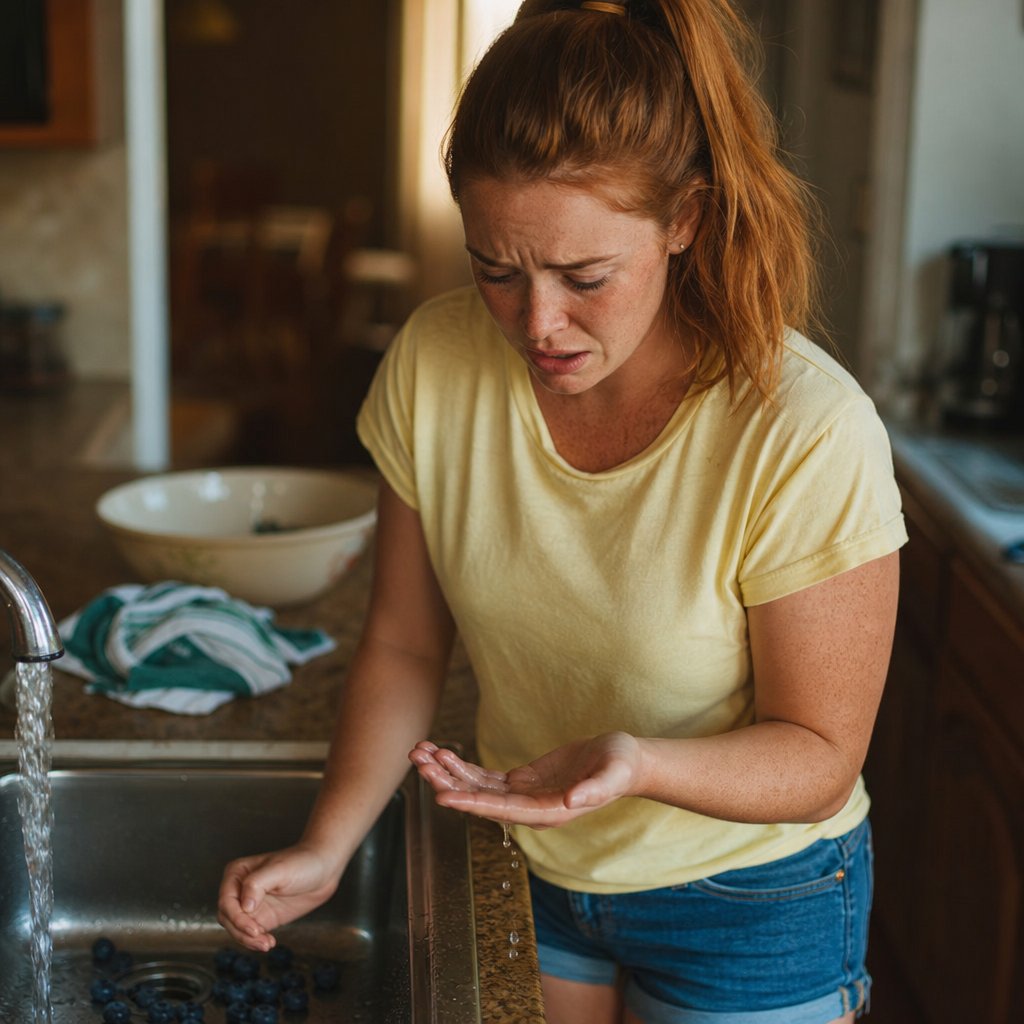 A red-ponytailed woman stands at a sink, shaken, holding a phone face-down as blueberries spill.