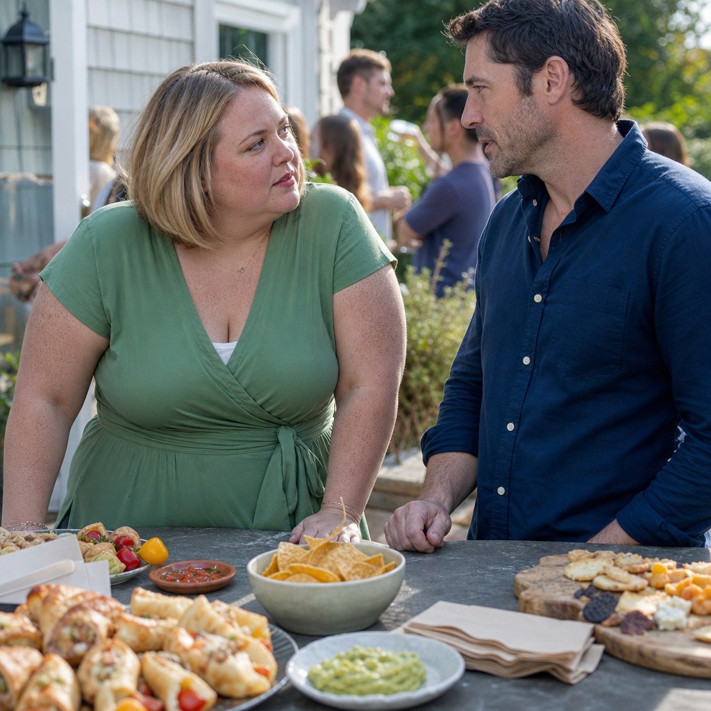 A freckled blonde woman braces herself at an appetizer table while a dark-haired man sets his phone face-down, tension visible between them.
