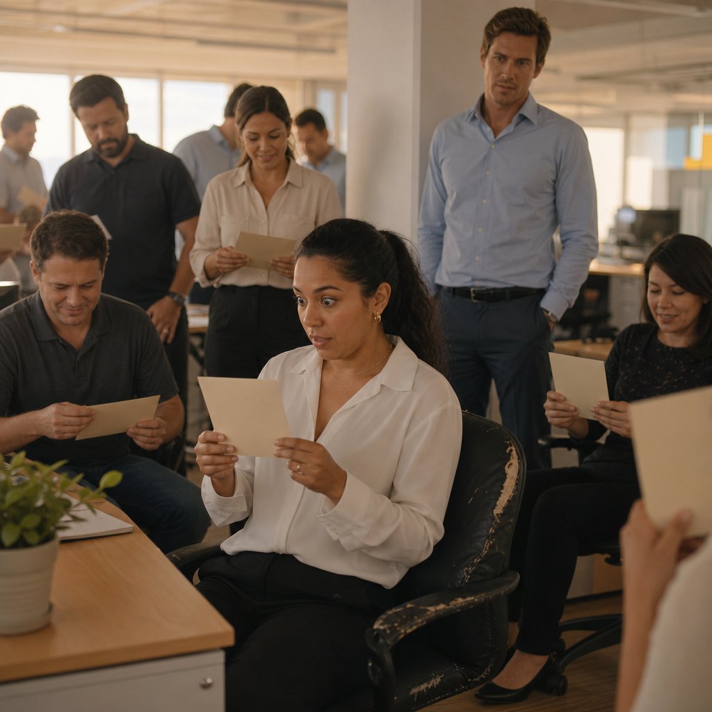 Mara holds the ivory invitation at her desk while coworkers stare, and Elliot watches from across the office.