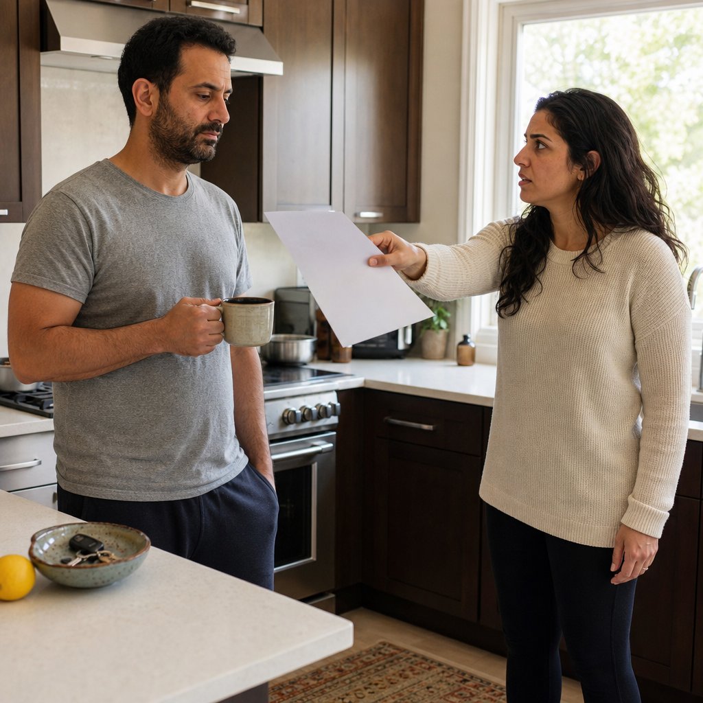 Claire confronts Grant in the kitchen, holding out a paper while he stares back calmly with a mug in hand.