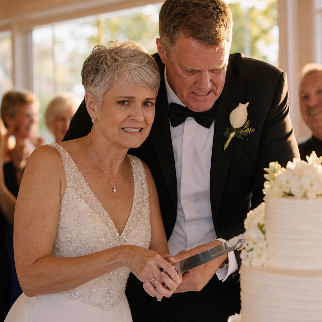 The bride forces a smile while cutting the cake with the groom, her expression tense and guarded.