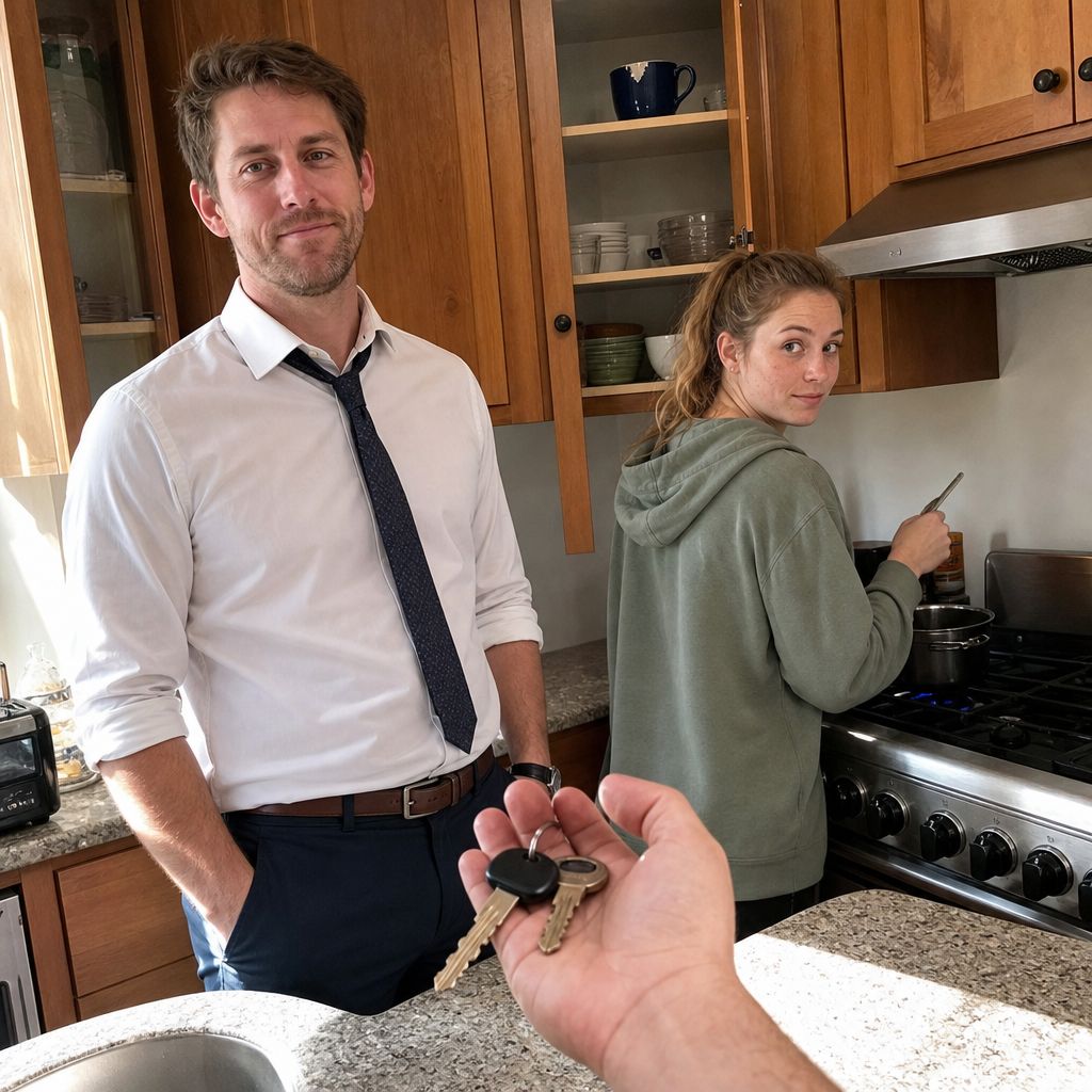 A hand holds unfamiliar keys over the kitchen counter while Miles and Tessa hover in the background.