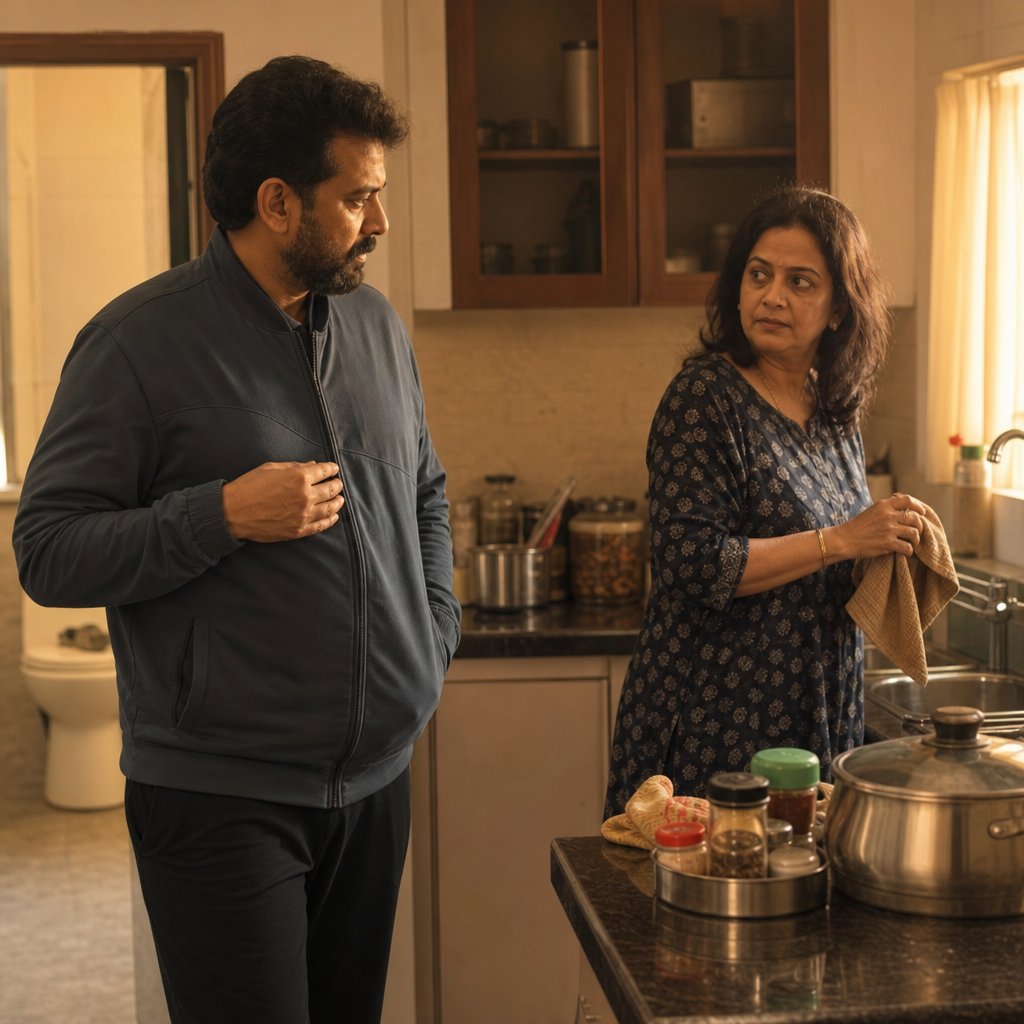 In a kitchen, a bearded South Asian man guards his rib area while a woman grips a dish towel and watches him, tense.