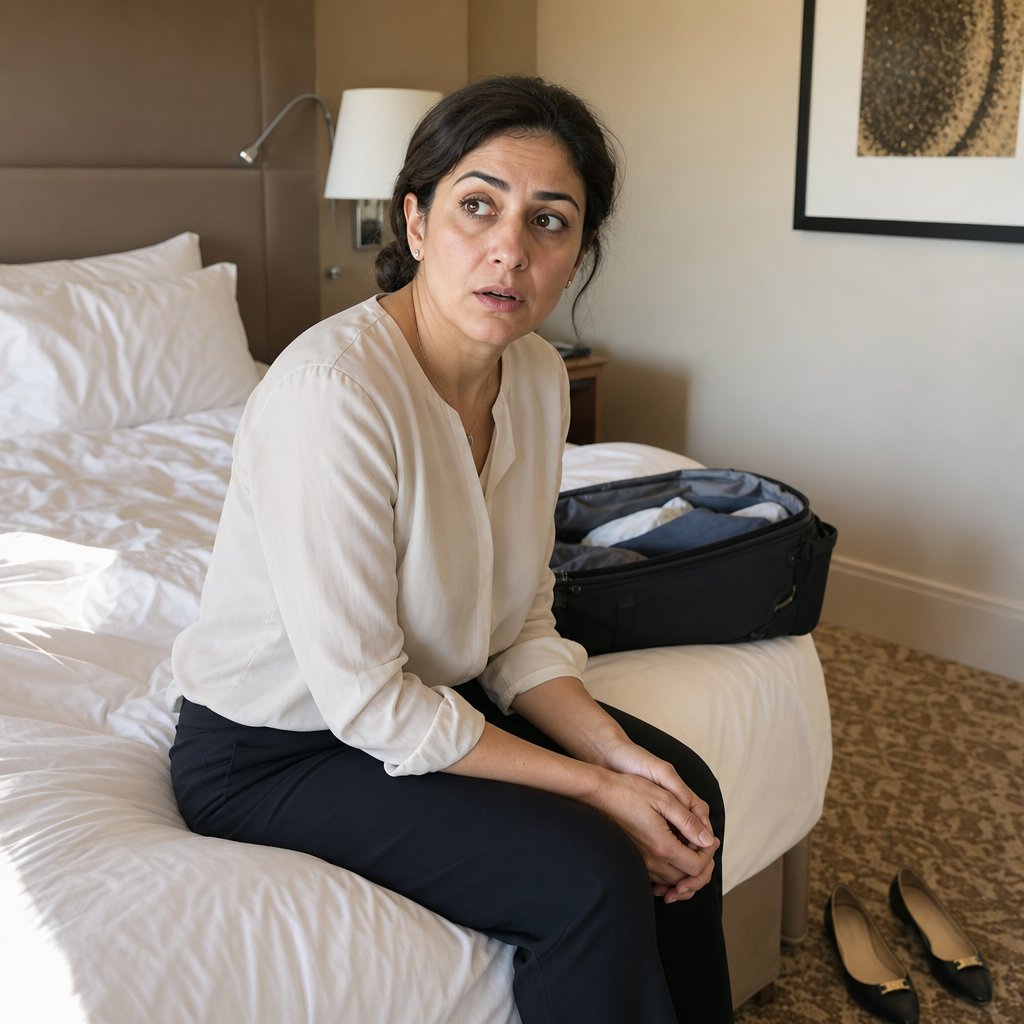Maren sits on a hotel bed, shocked, holding her phone as if she’s just seen something devastating.