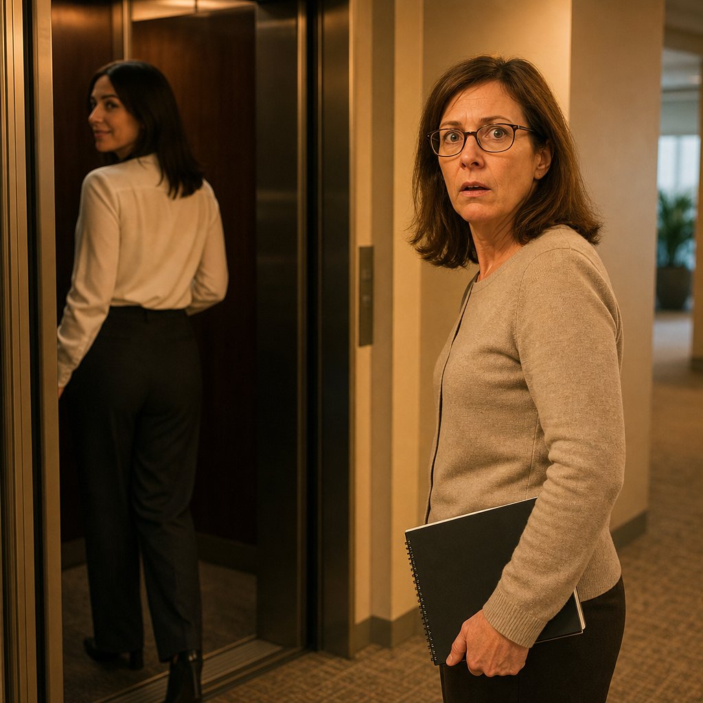 A composed woman steps into a private elevator while a woman in glasses watches, stunned.
