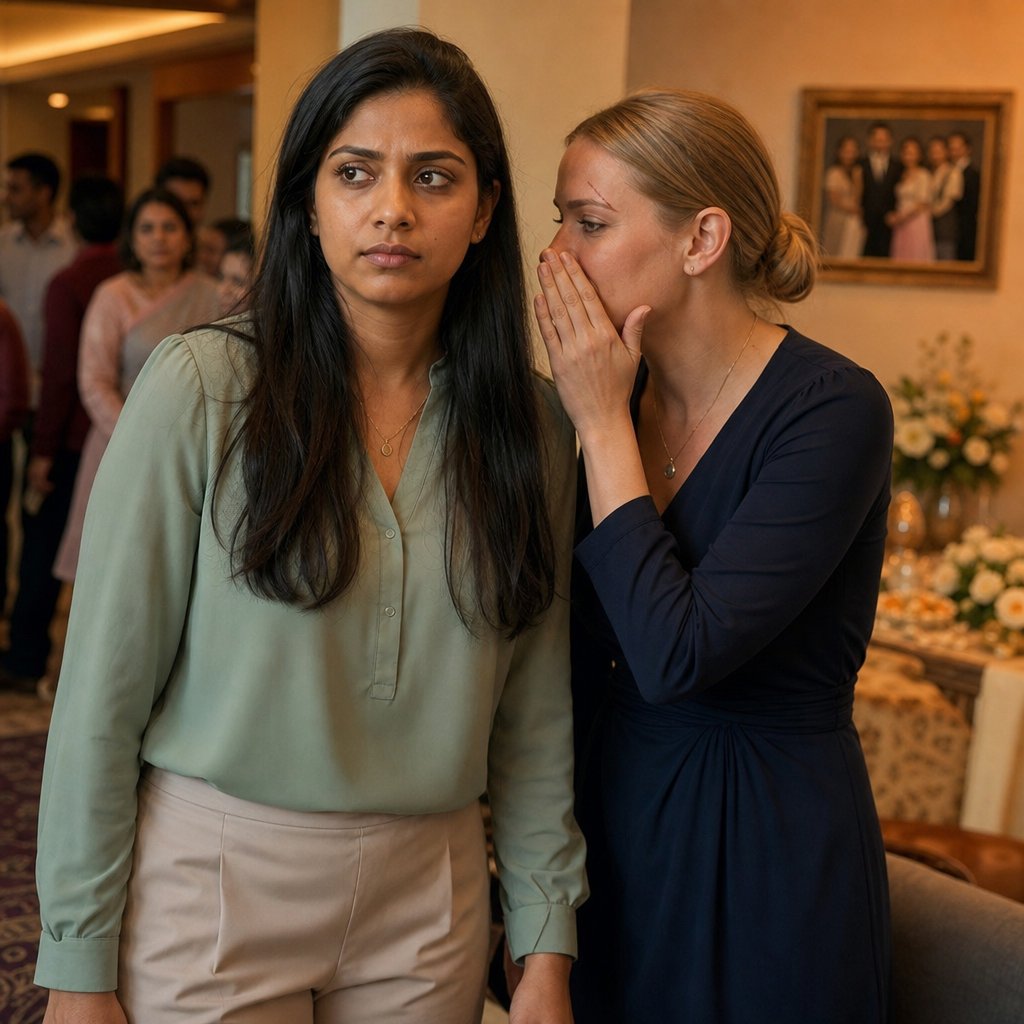 Two women stand close in a living room, one tense with a phone facedown as the other whispers.
