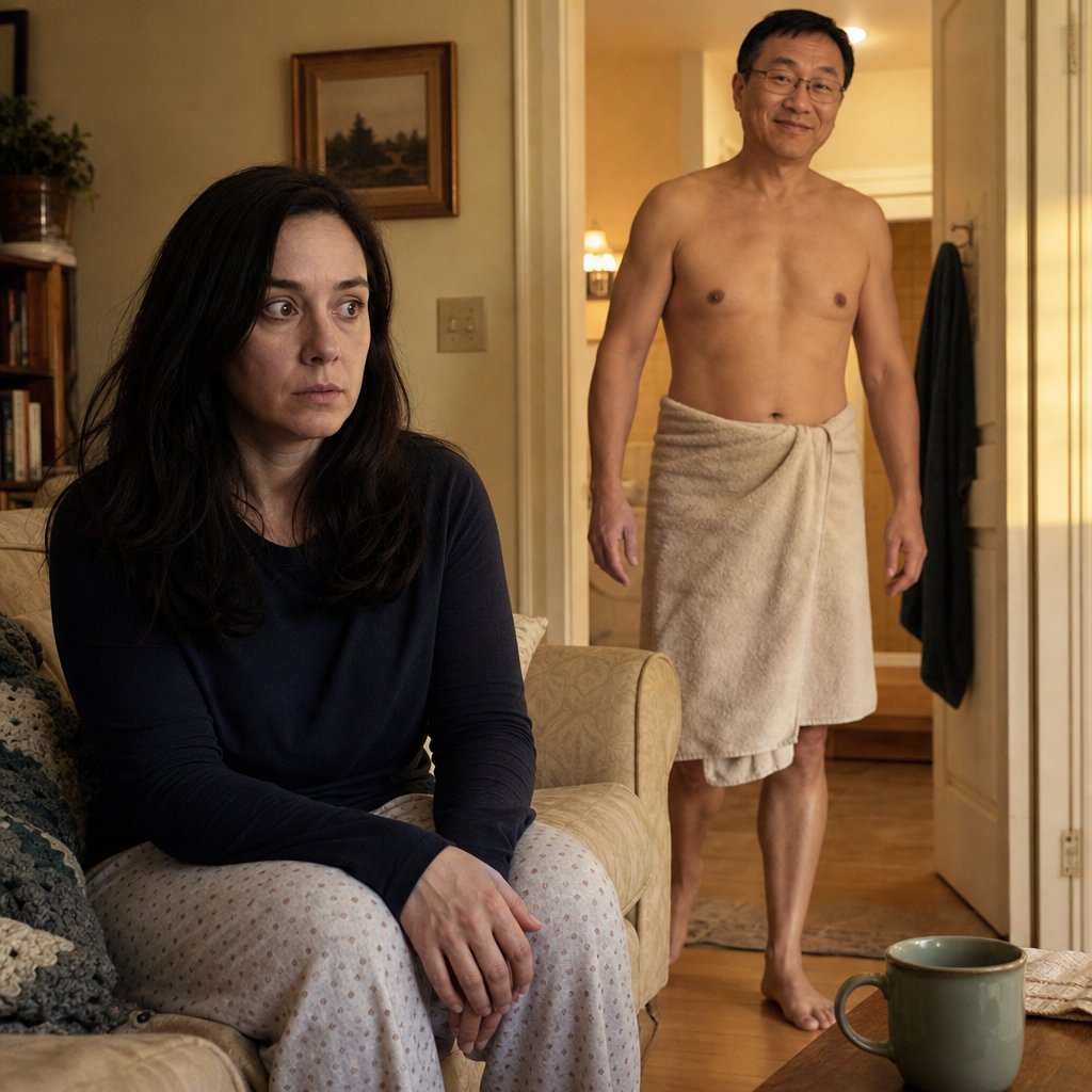 Mara sits in pajamas clutching a phone face-down as Evan walks in smiling from the hallway.
