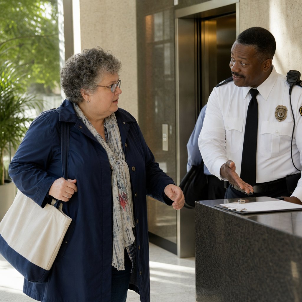 A security guard smiles at a gray-haired woman as an elevator opens behind her.