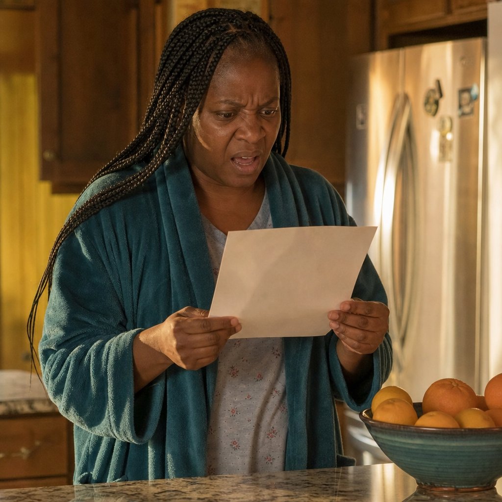 A woman with long box braids stands in her kitchen gripping a sheet of paper, her expression stunned and furious.