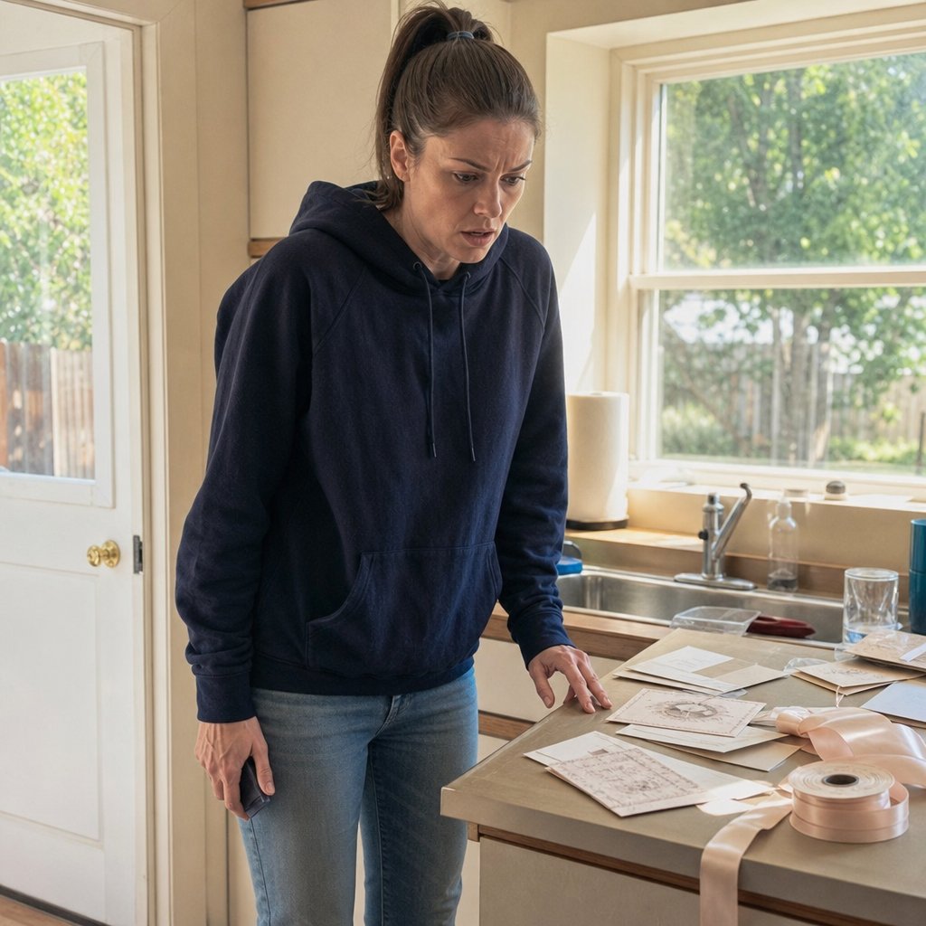 Lena stands in her kitchen gripping the counter, phone face-down in her hand, looking rattled.