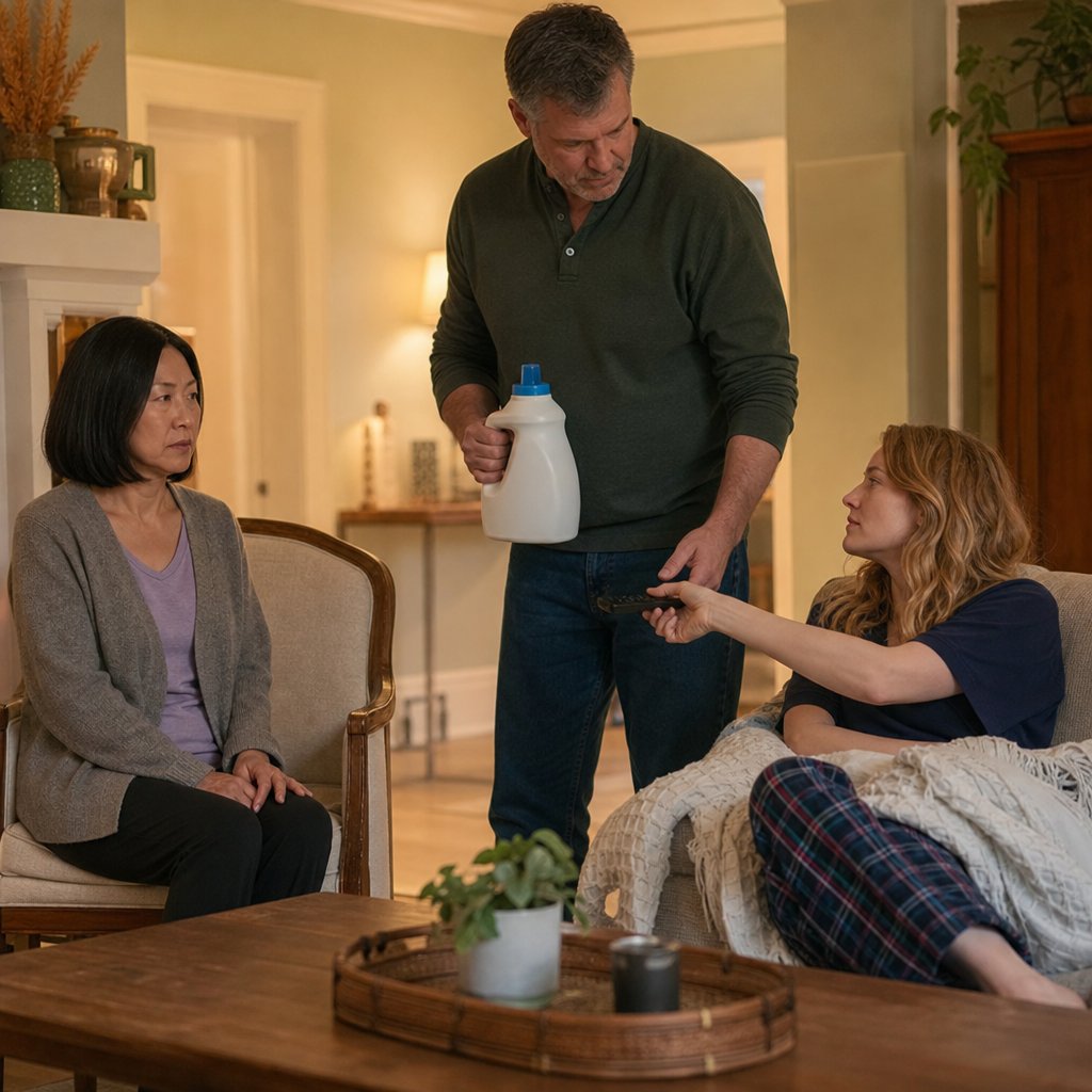 A husband holds detergent while his wife watches and their houseguest lounges on the couch.