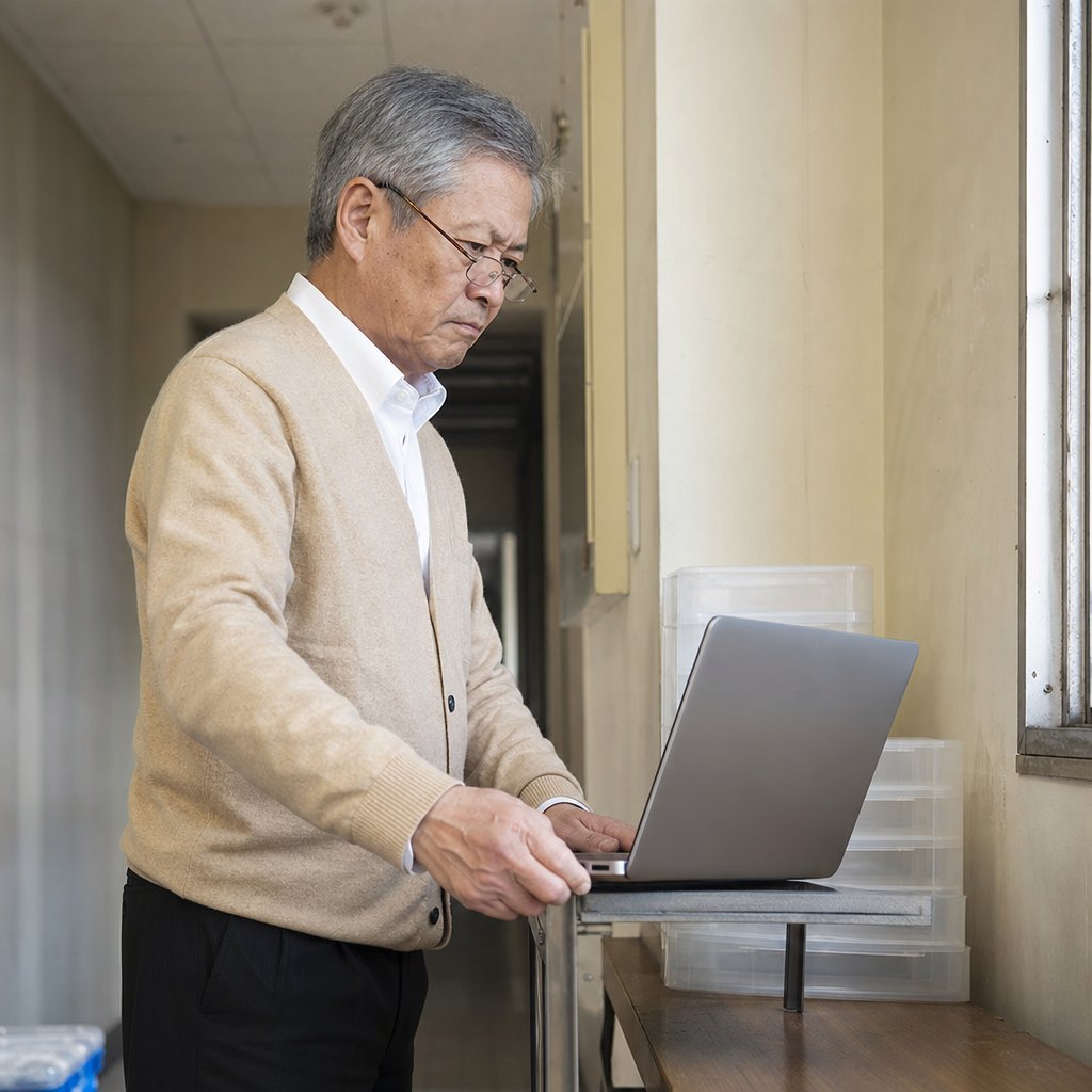 An older man in reading glasses stands in a service hallway, tense as he looks down at an open laptop.