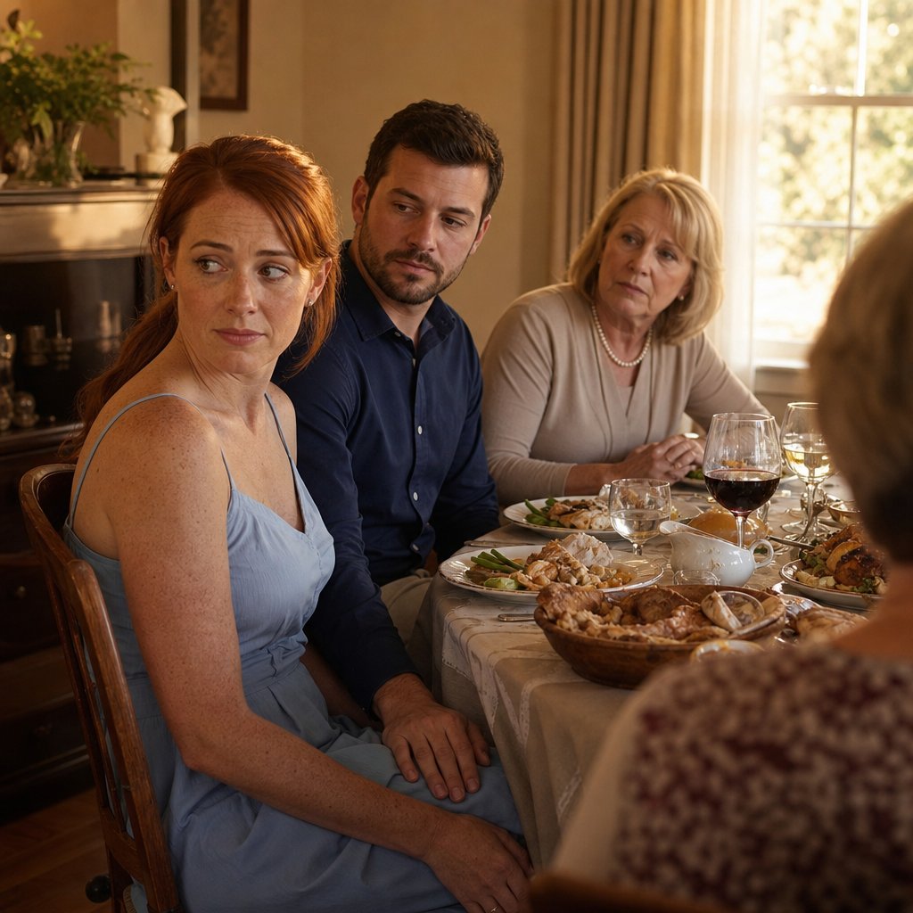 A tense family dinner where the red-ponytailed woman looks suspicious as others act overly friendly.