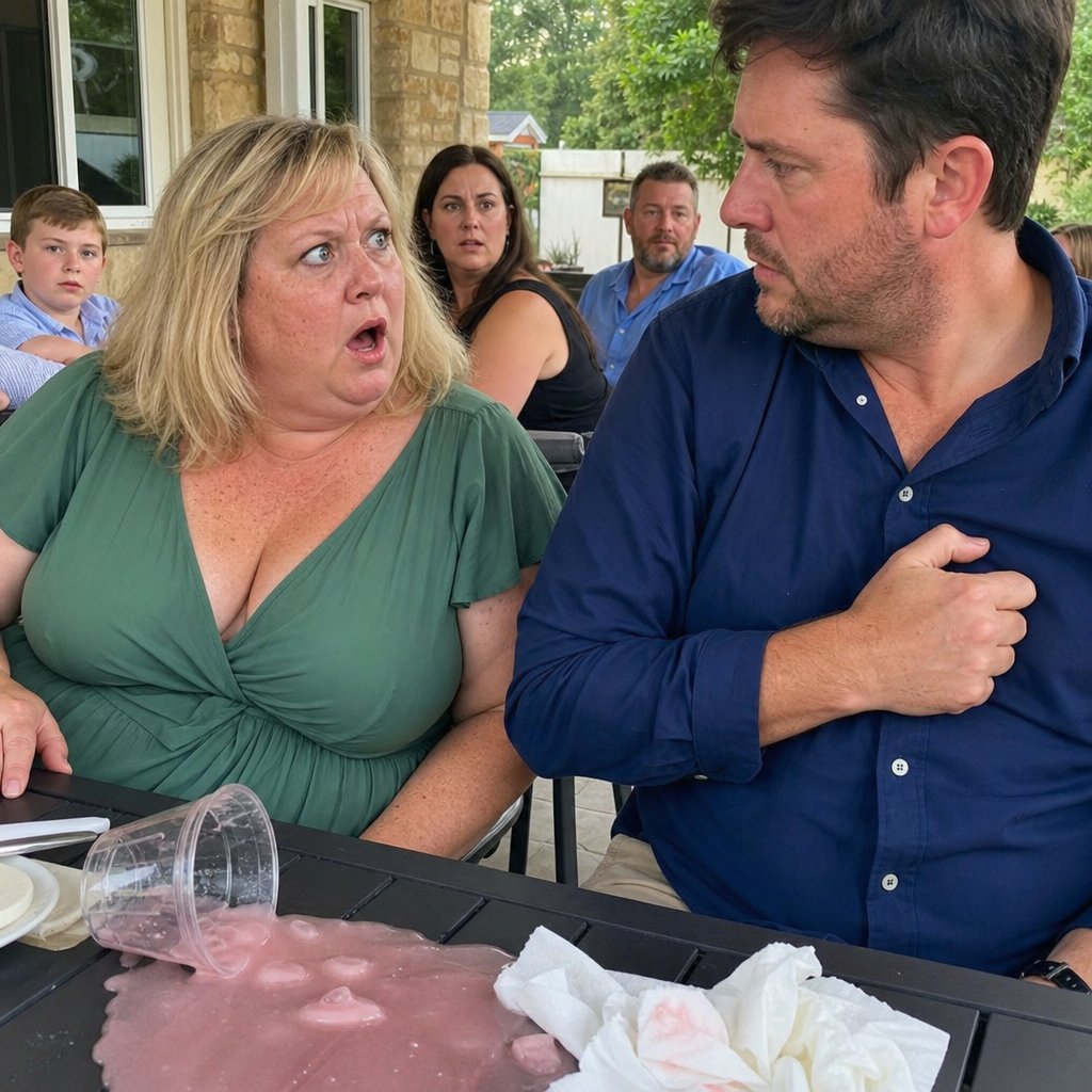 A drink spills across a patio table as a freckled blonde woman stares at a dark-haired man clutching his phone, both tense while partygoers glance over.