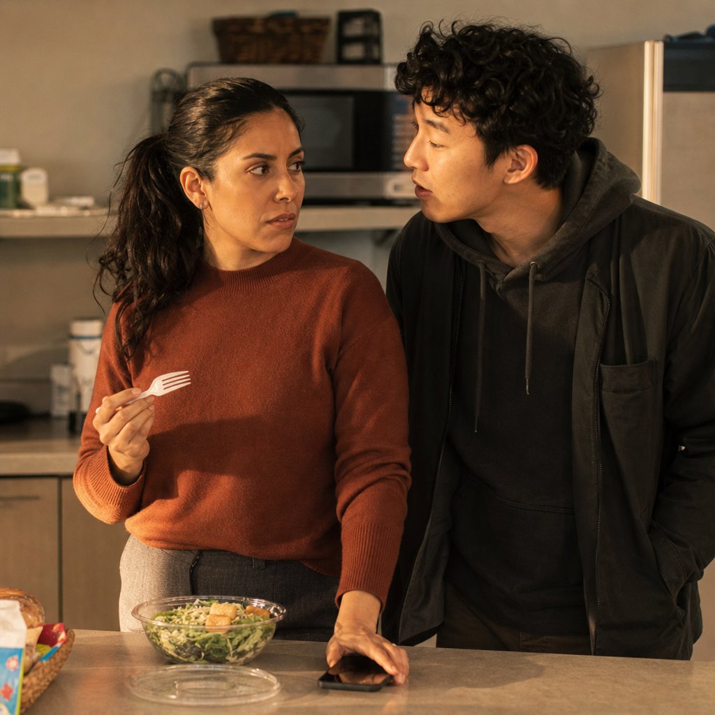 In the break room, Jae leans in to tell Mara the RSVP domain traces back to the agency’s IT vendor account.
