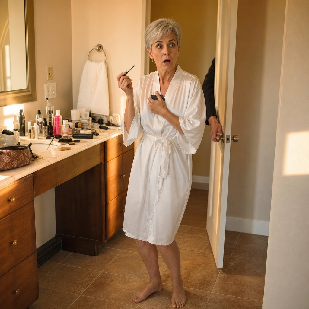 The bride in a satin robe stares in shock, clutching her phone as someone starts to open the bathroom door.
