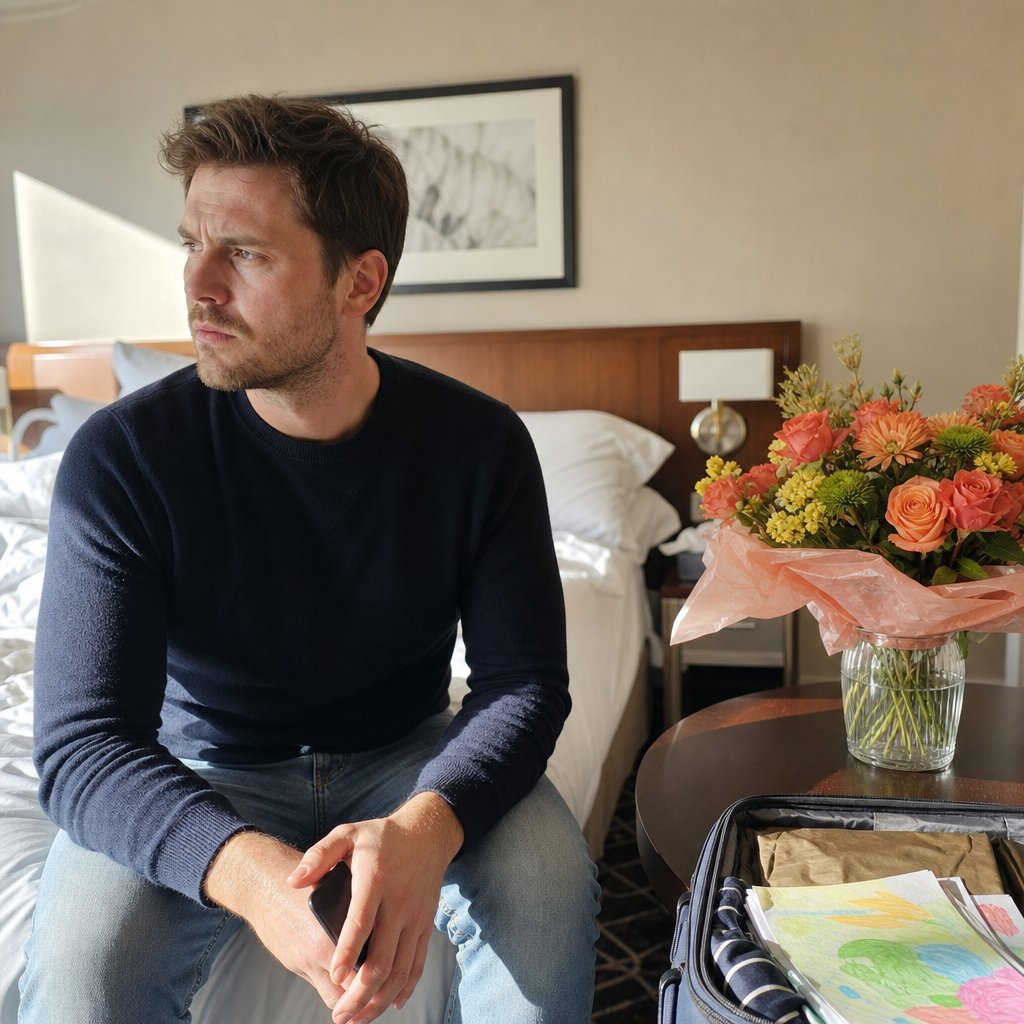 A man in a hotel room stares tensely while bright flowers sit nearby in a vase.