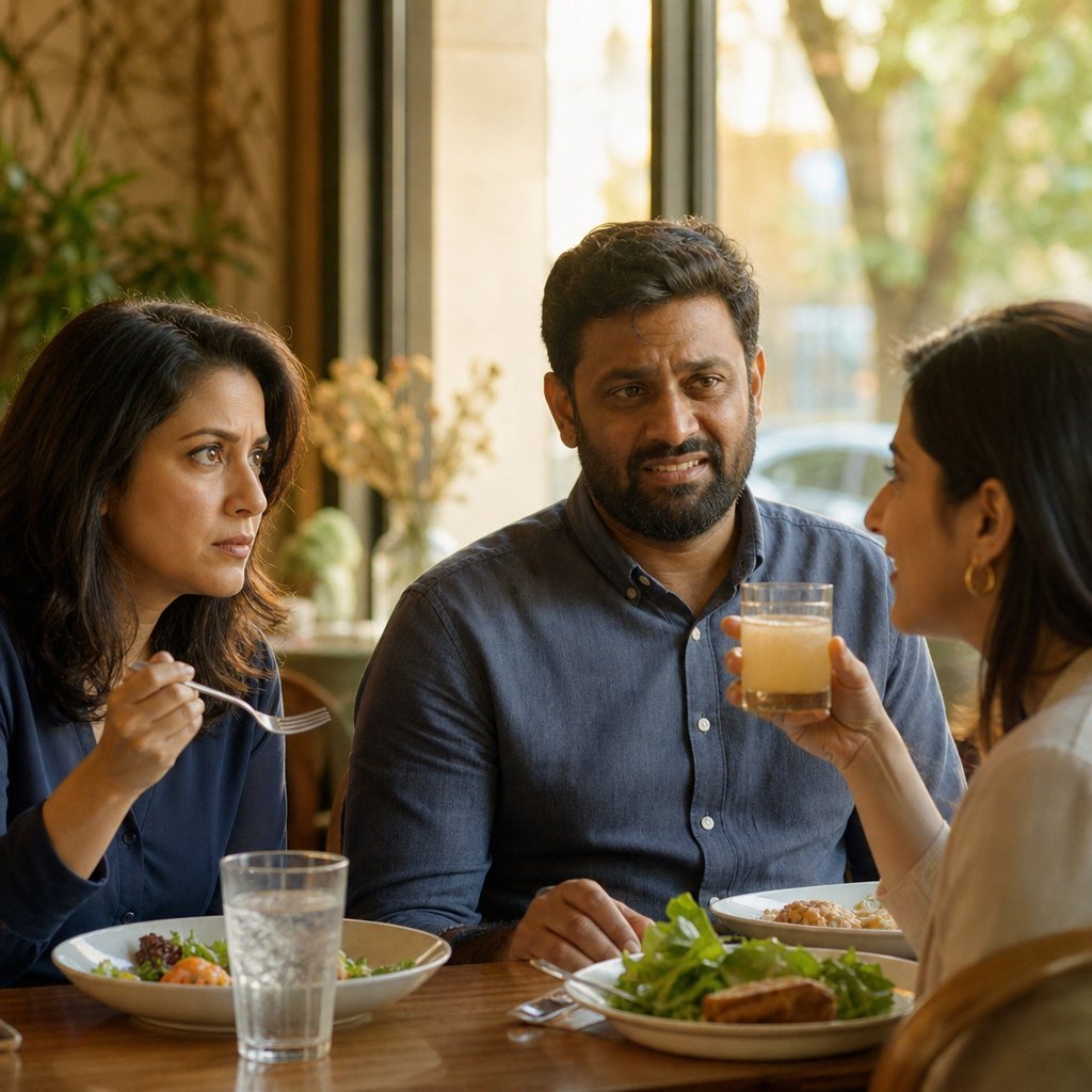 At a restaurant, a woman freezes with her fork raised as a bearded South Asian man smiles tensely and a glossy-haired woman toasts.