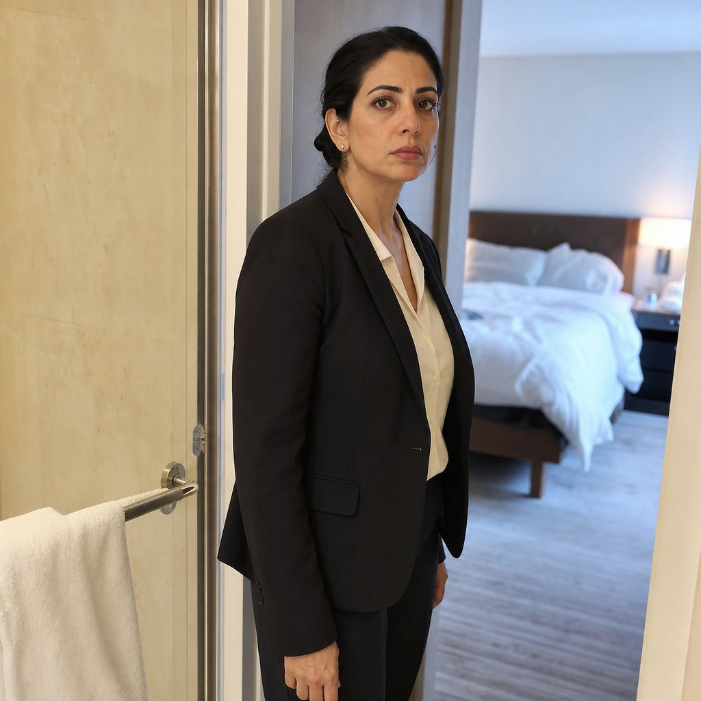 Maren stands frozen in her hotel room, gripping her phone with a controlled, furious expression.