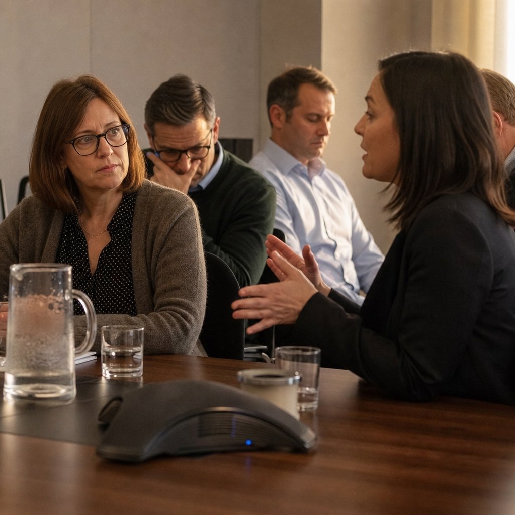 In a tense meeting, Lila leans forward confidently while the woman in glasses watches, alarmed.