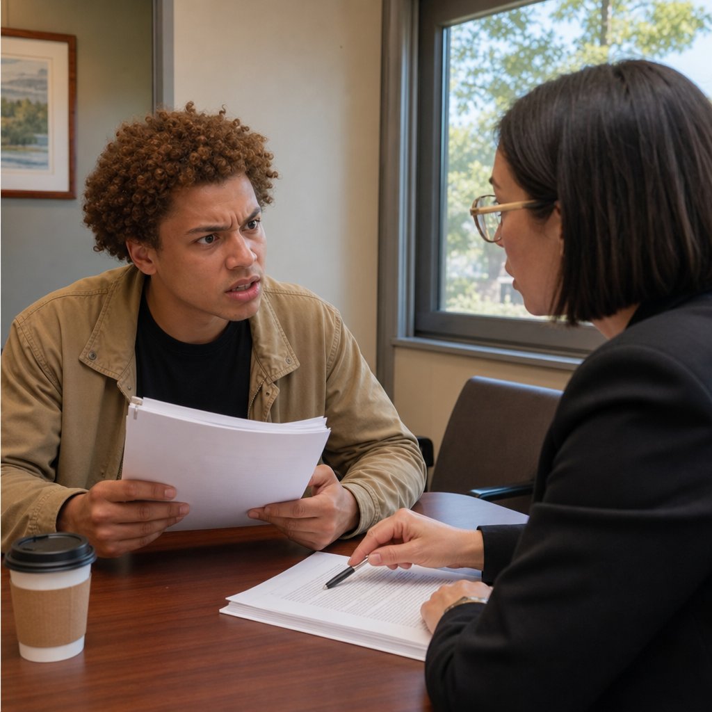 Mara and his lawyer study a packet of financial records, both tense as a new detail emerges.