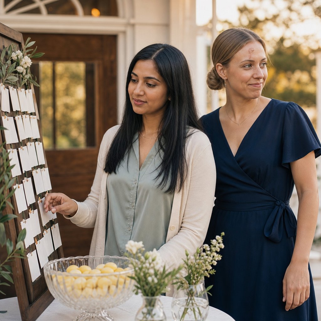 A tense woman studies escort cards while a blonde woman beside her smiles knowingly.