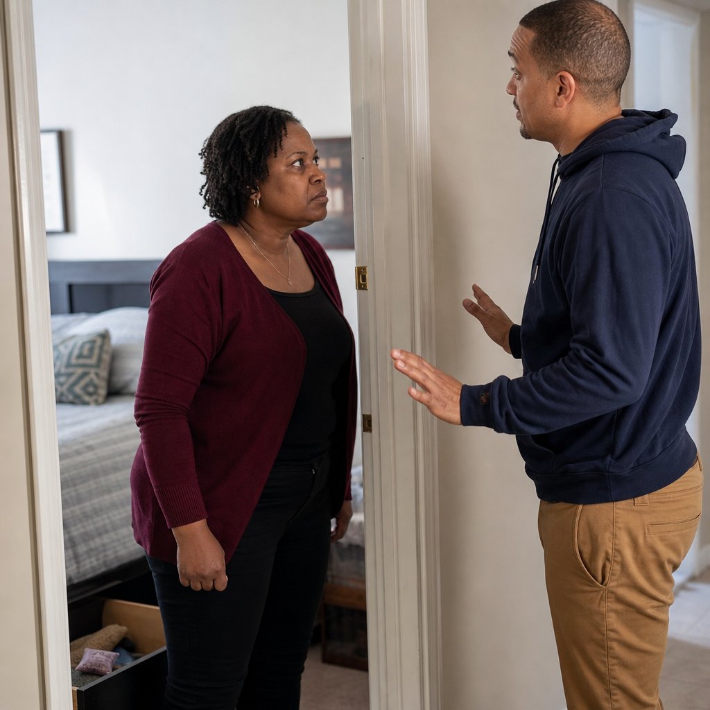 Mason confronting Iris in the doorway as she stands her ground after finding the locket missing.