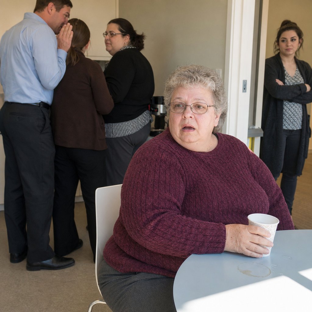 A gray-haired woman grips a cup at a break-room table while coworkers whisper behind her.