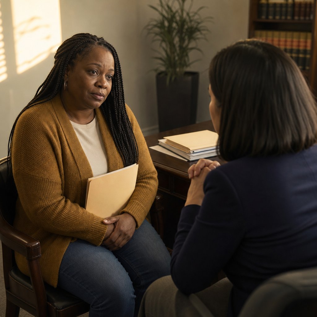 A tense woman with long box braids clutches a folder while her attorney sits across from her looking grave.