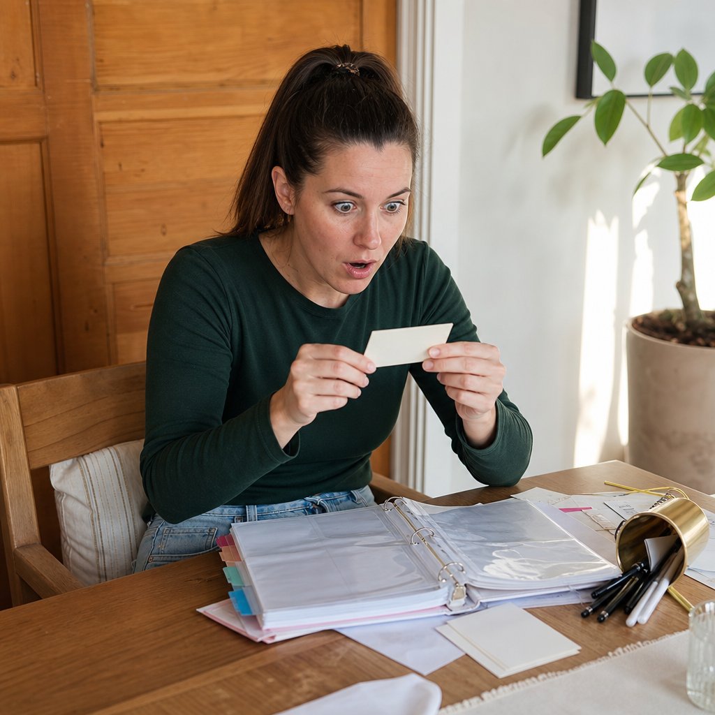 Lena grips an ivory place card at her dining table, staring at it in shock beside her open planning binder.
