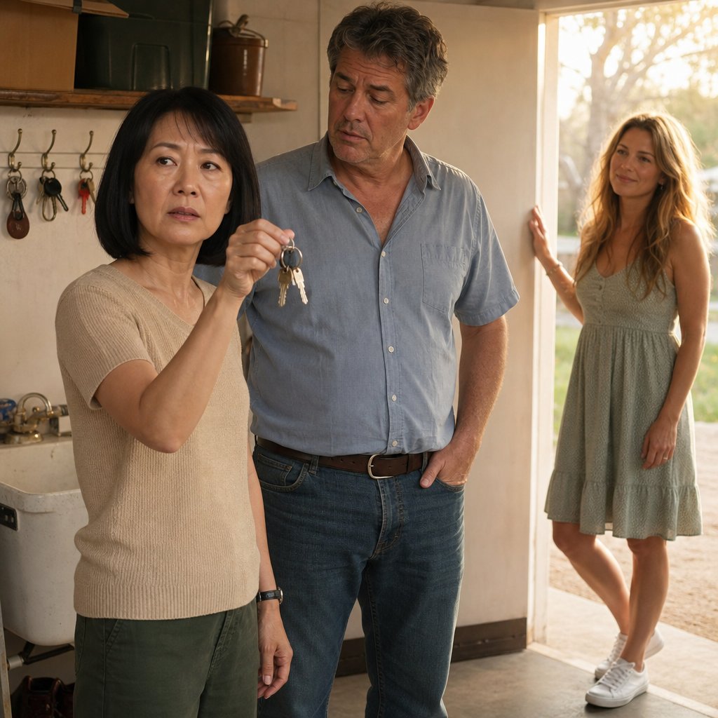 A woman confronts an unexpected key while her husband shrugs and their houseguest smiles.