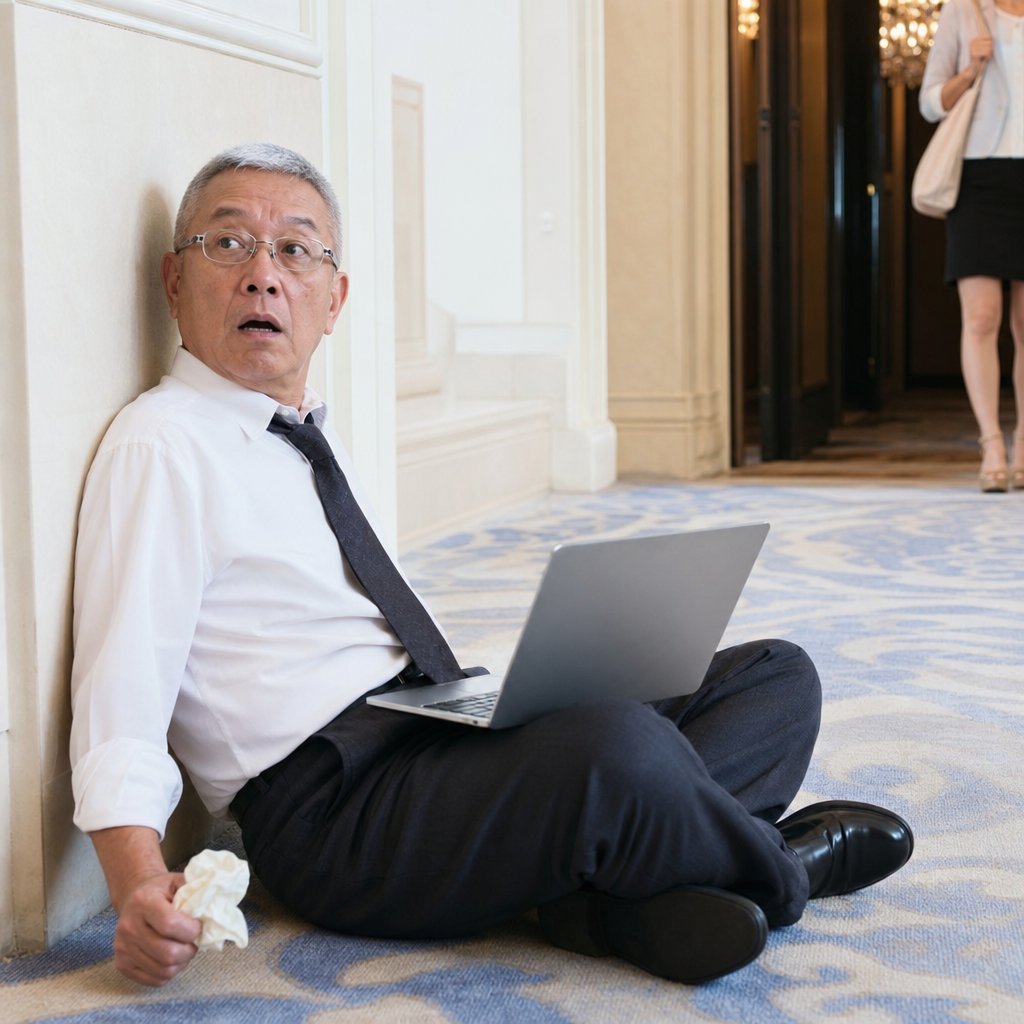 An older man sits against a corridor wall with an open laptop, startled as someone in heels approaches.