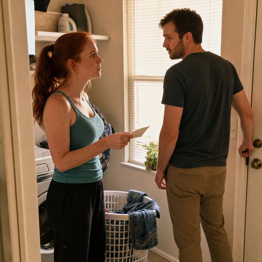 A woman confronts a man in a laundry room as he reaches for the door, tension high.