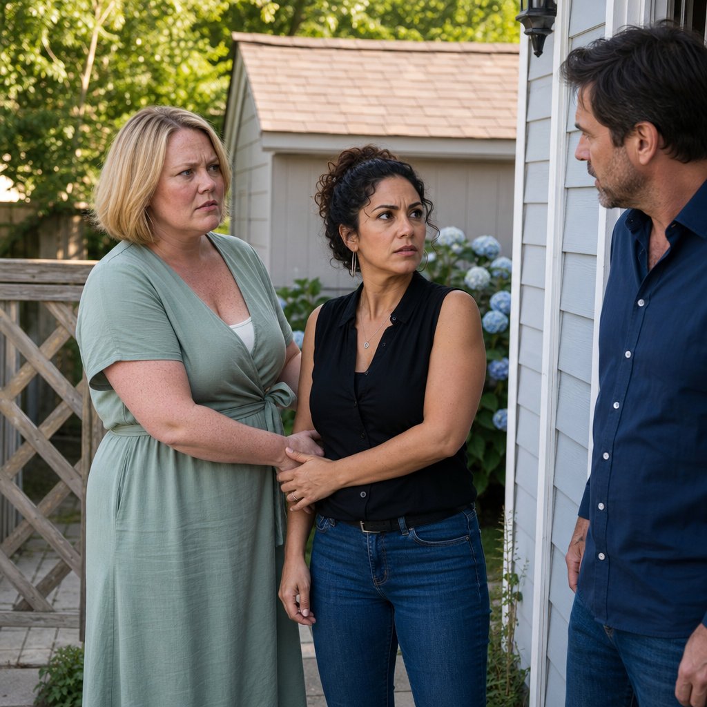 A freckled blonde woman and a dark-curled friend stand by a side gate, tense, watching a dark-haired man step outside scanning the yard.