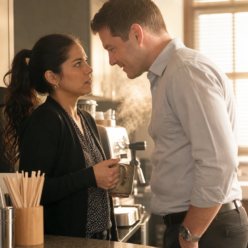 At the espresso machine, Elliot smiles too hard as he leans in close to Mara with a question.