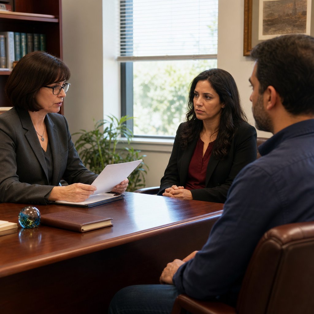 A serious attorney studies a document while Claire sits rigidly across the desk, anxiety visible in her posture.