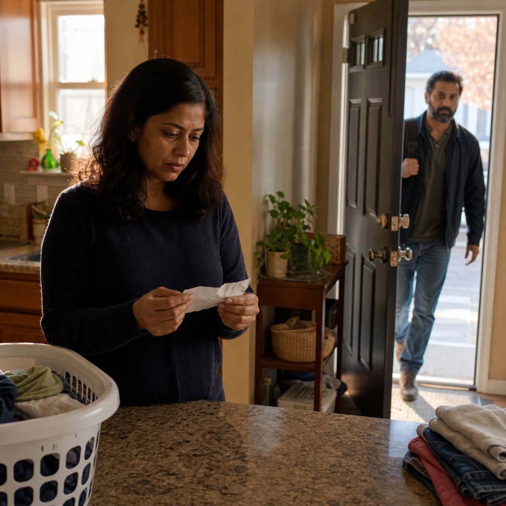 In a kitchen, a woman grips a crumpled receipt while a bearded South Asian man enters through the front door behind her.