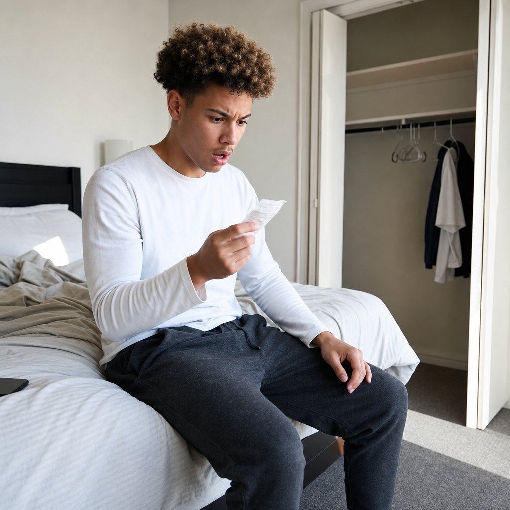 Mara sits on his bed clutching a crumpled receipt, shaken by an unfamiliar address.