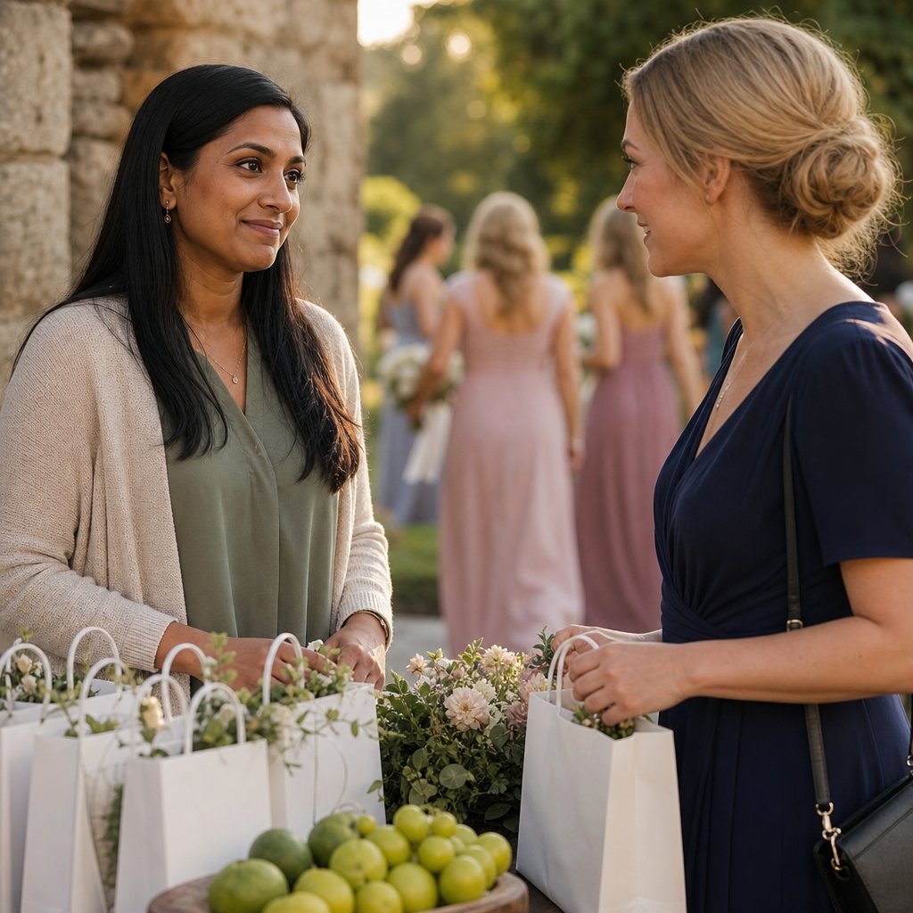 Two women exchange a tense smile at a welcome table while bridesmaids pass behind them.