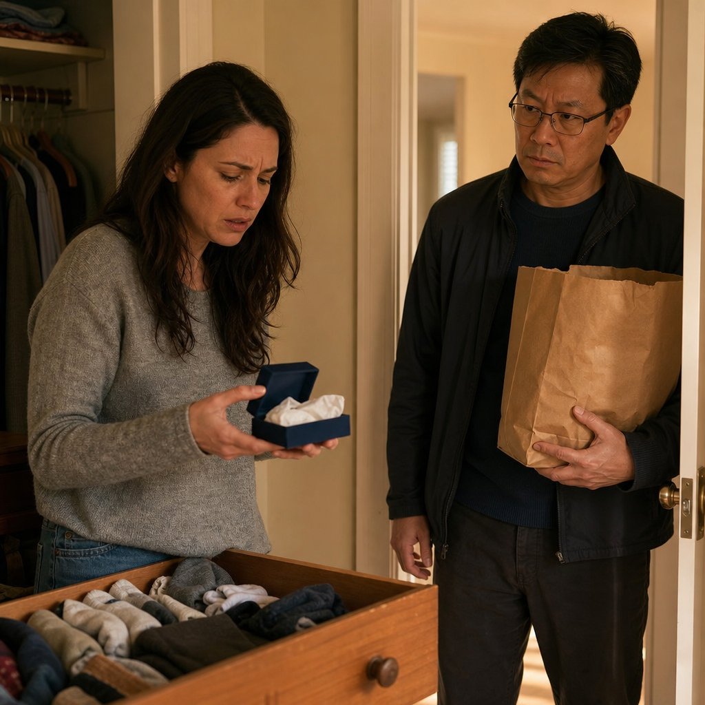 Mara holds an empty ring box as Evan stands in the doorway watching closely.
