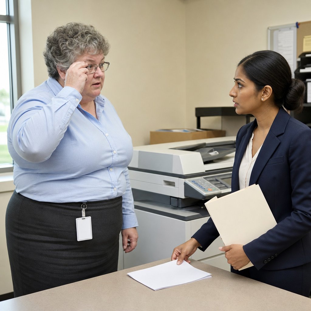 A compliance officer slides a paper toward a gray-haired woman in a tense copy-room exchange.