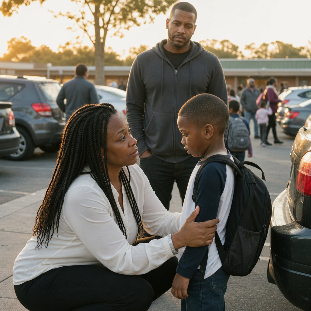A mother crouches to talk to her young son while his father stands behind them watching in a parking lot.
