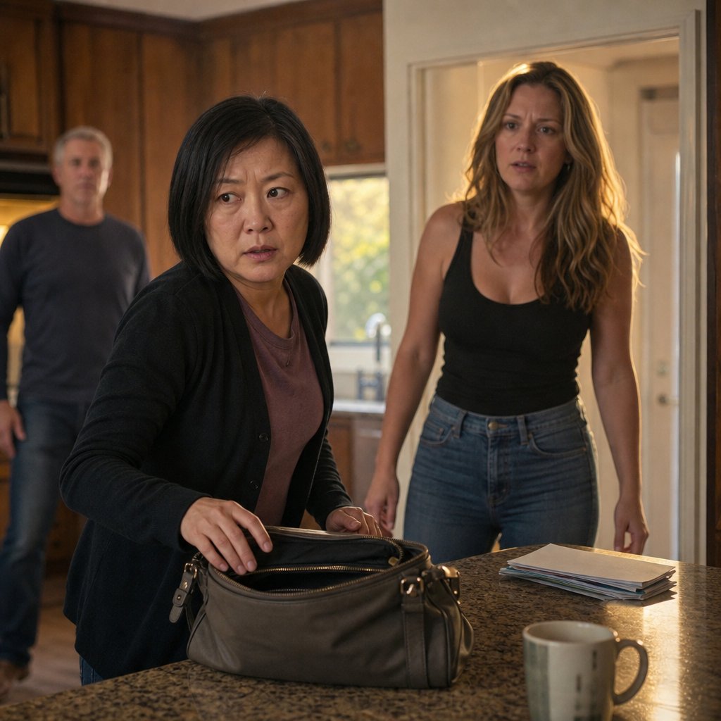 A woman reaches toward her houseguest’s open purse as the houseguest walks in.