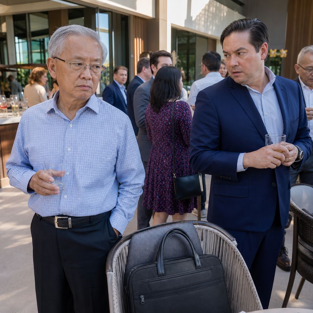 At a bar, an older man watches his tense brother in a navy suit glance nervously at a laptop bag.