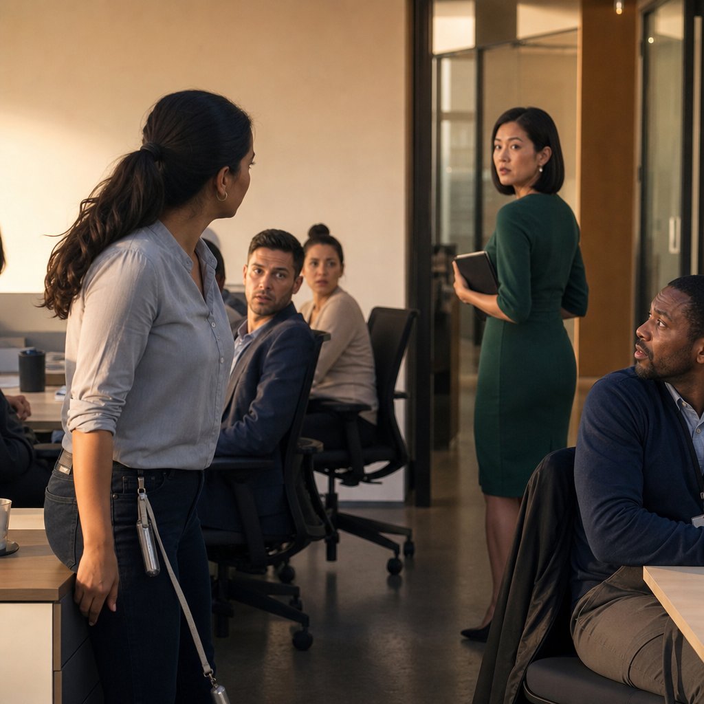 Lena looks back at Mara and signals her to follow, as nearby coworkers fall silent.