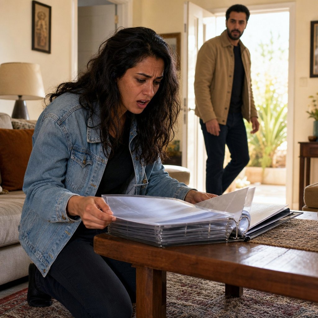 Claire kneels by an open binder with missing pages as Grant steps into the room behind her.