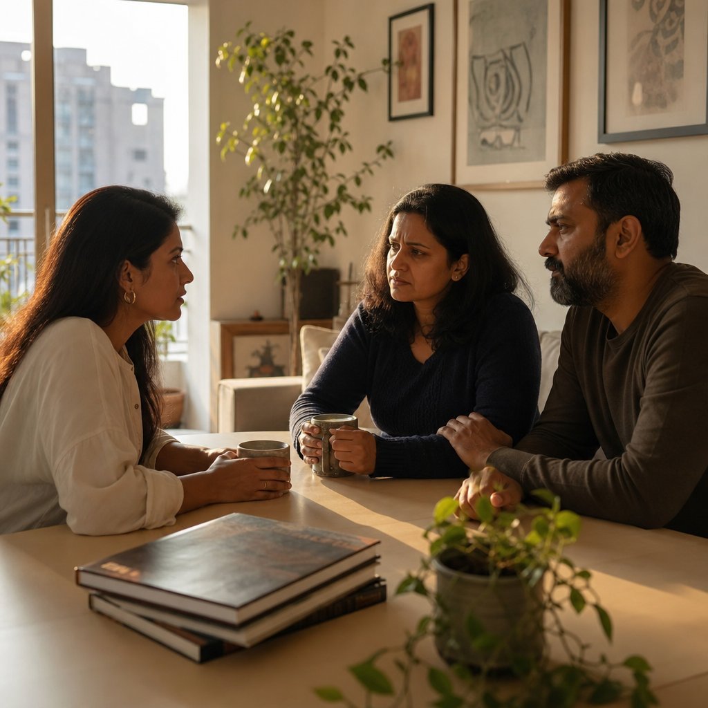 At a coffee table, a bearded South Asian man holds a woman’s wrist while a glossy-haired woman leans in with a coffee mug, intense.