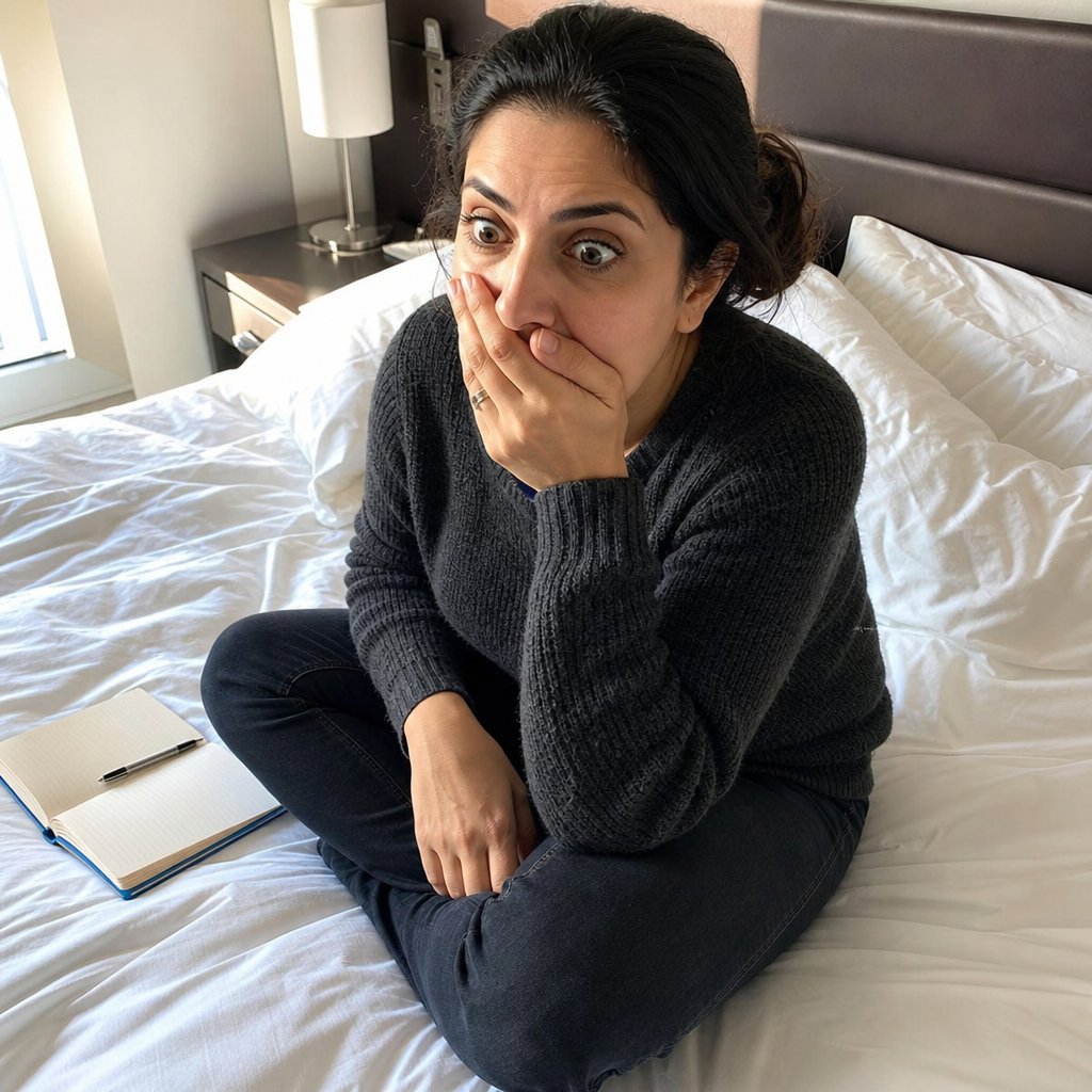 Maren sits on a hotel bed, hand over her mouth as recognition and dread hit at once.