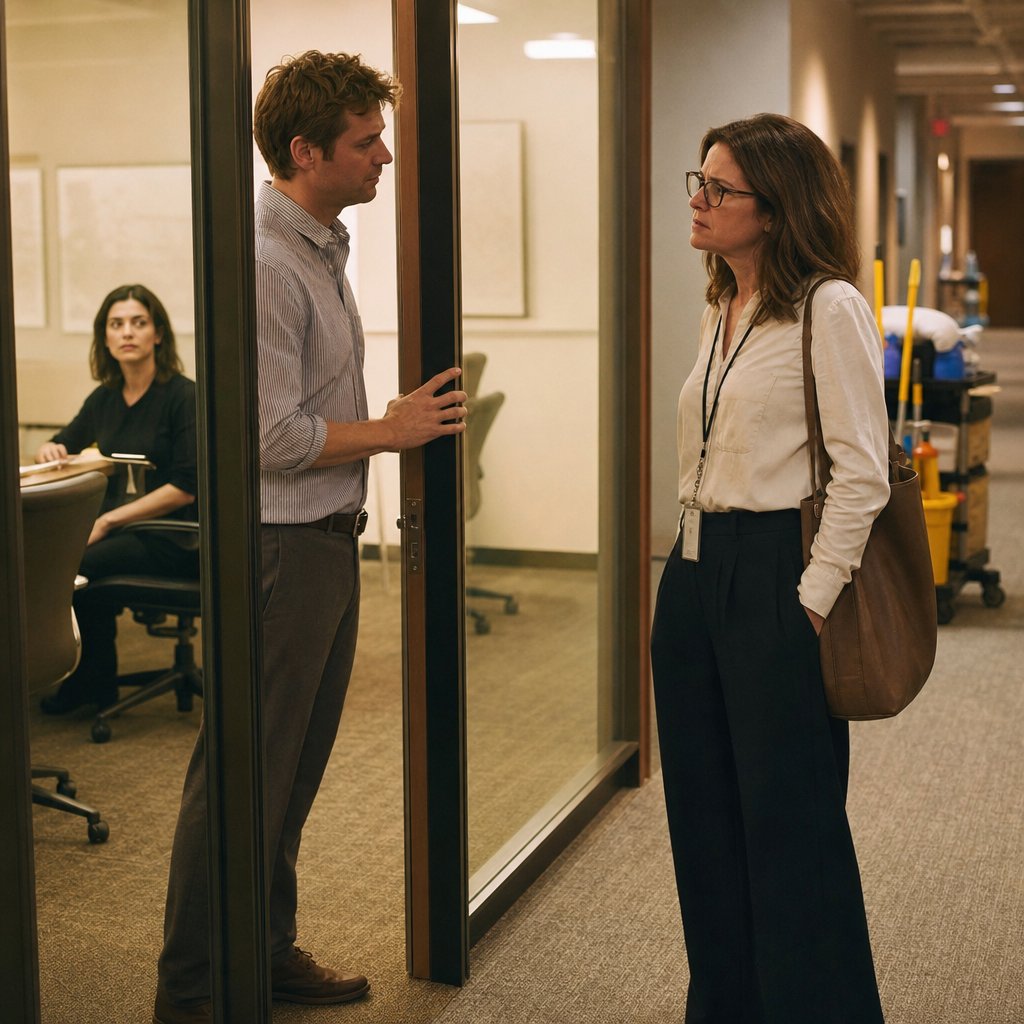A tense manager blocks a doorway while a woman in glasses confronts him and another woman watches inside.